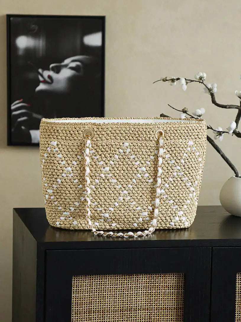 Chanel AS9906 Large Woven Raffia Shopping Bag Calfskin Nature with White