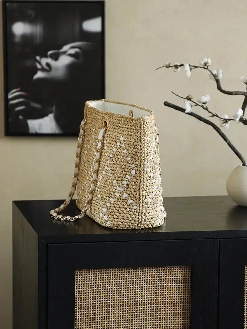 Chanel AS9906 Large Woven Raffia Shopping Bag Calfskin Nature with White