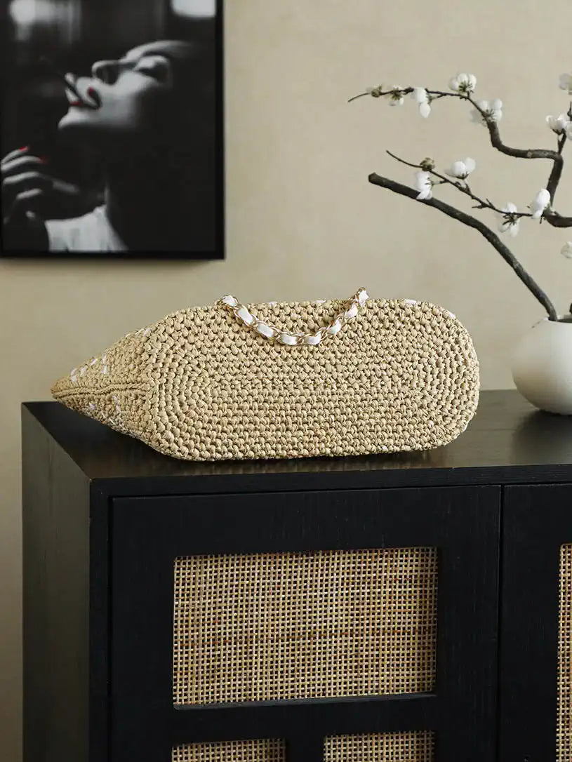 Chanel AS9906 Large Woven Raffia Shopping Bag Calfskin Nature with White