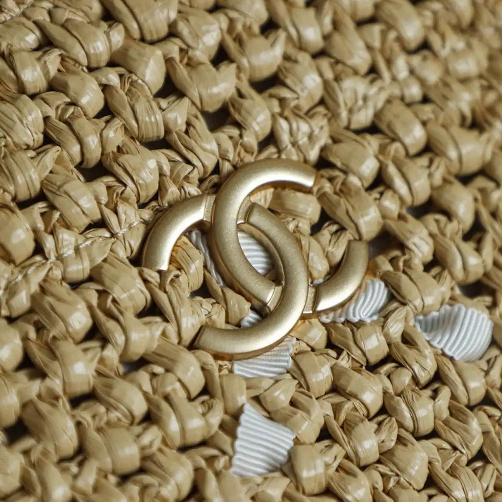 Chanel AS9906 Large Woven Raffia Shopping Bag Calfskin Nature with White