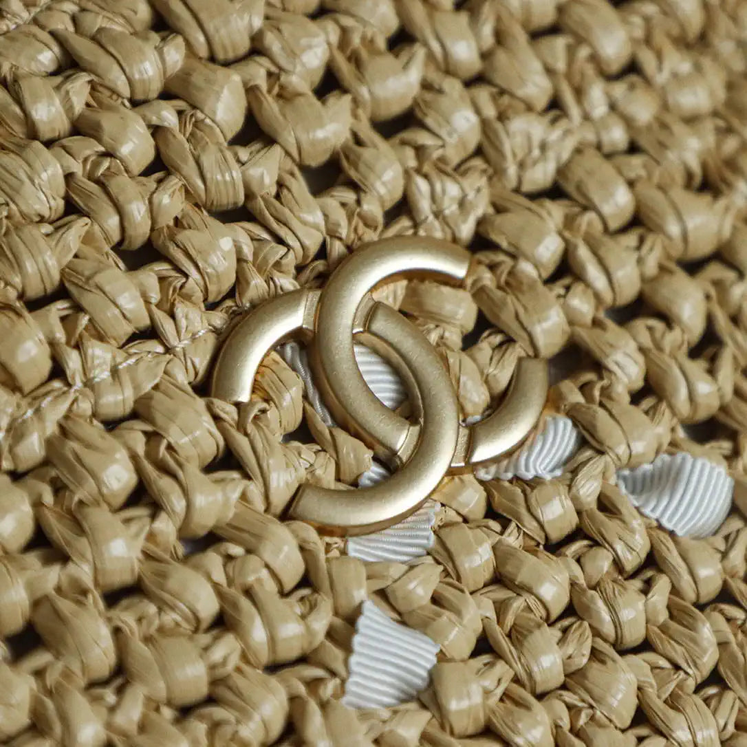 Chanel AS9906 Large Woven Raffia Shopping Bag Calfskin Nature with White
