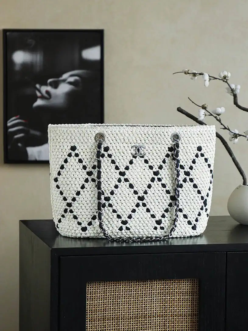 Chanel AS9906 Large Woven Raffia Shopping Bag Calfskin Nature