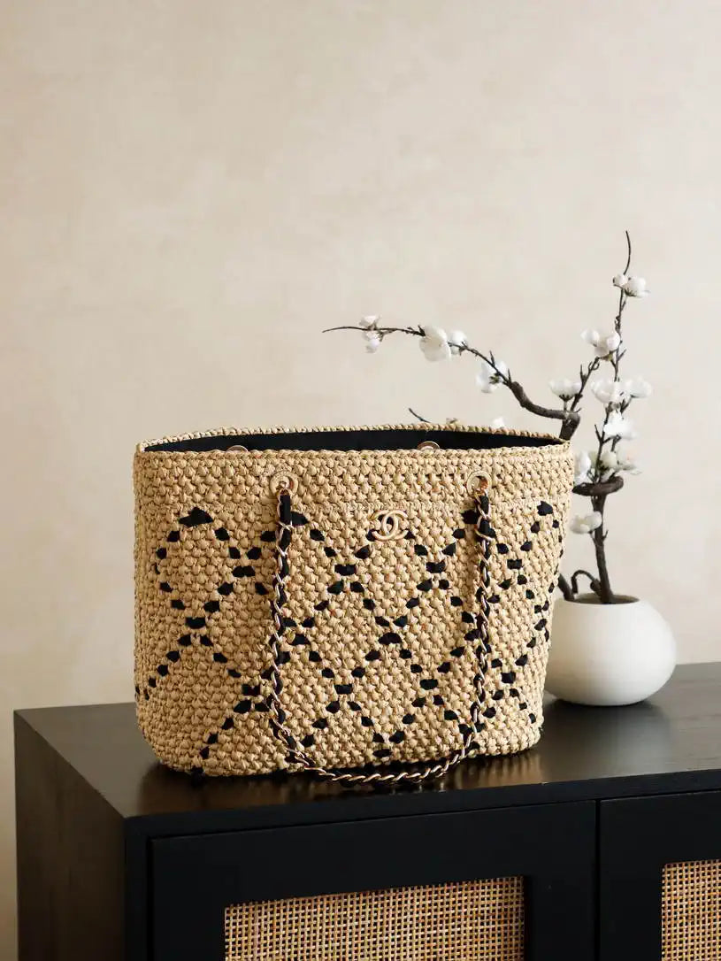Chanel AS9906 Large Woven Raffia Shopping Bag Calfskin Nature