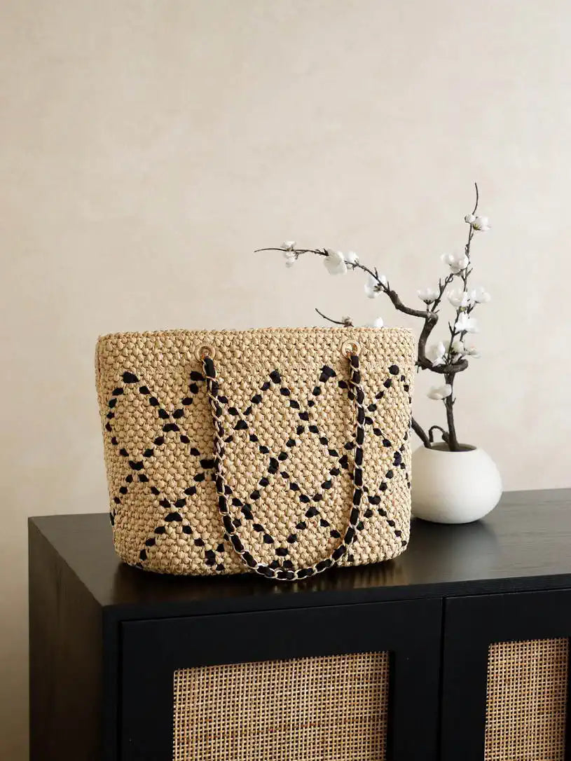 Chanel AS9906 Large Woven Raffia Shopping Bag Calfskin Nature