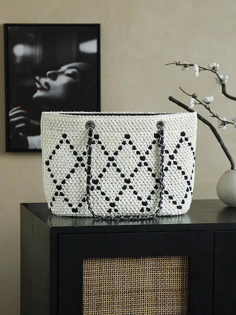 Chanel AS9906 Large Woven Raffia Shopping Bag Calfskin Nature