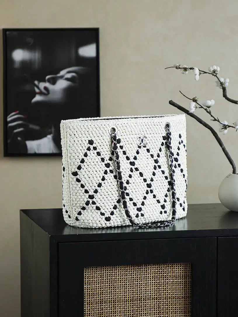 Chanel AS9906 Large Woven Raffia Shopping Bag Calfskin Nature