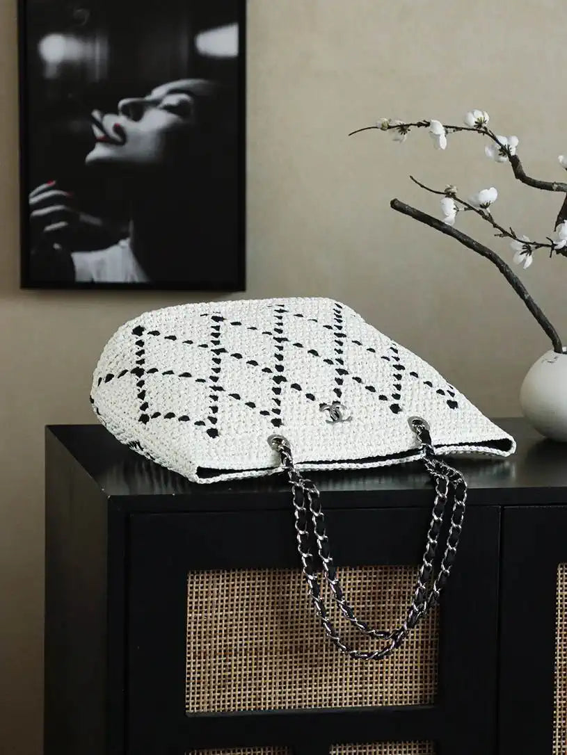 Chanel AS9906 Large Woven Raffia Shopping Bag Calfskin Nature
