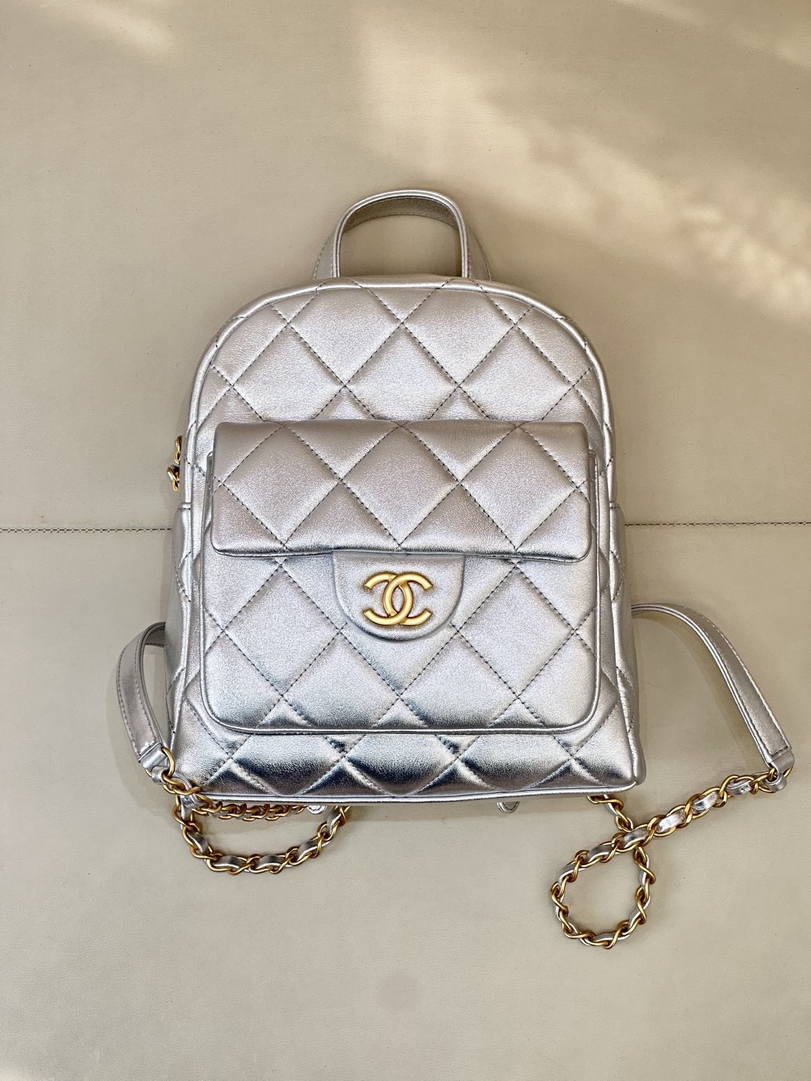 Chanel Backpack Calfskin & Gold-Tone Metal AS5793 Silver