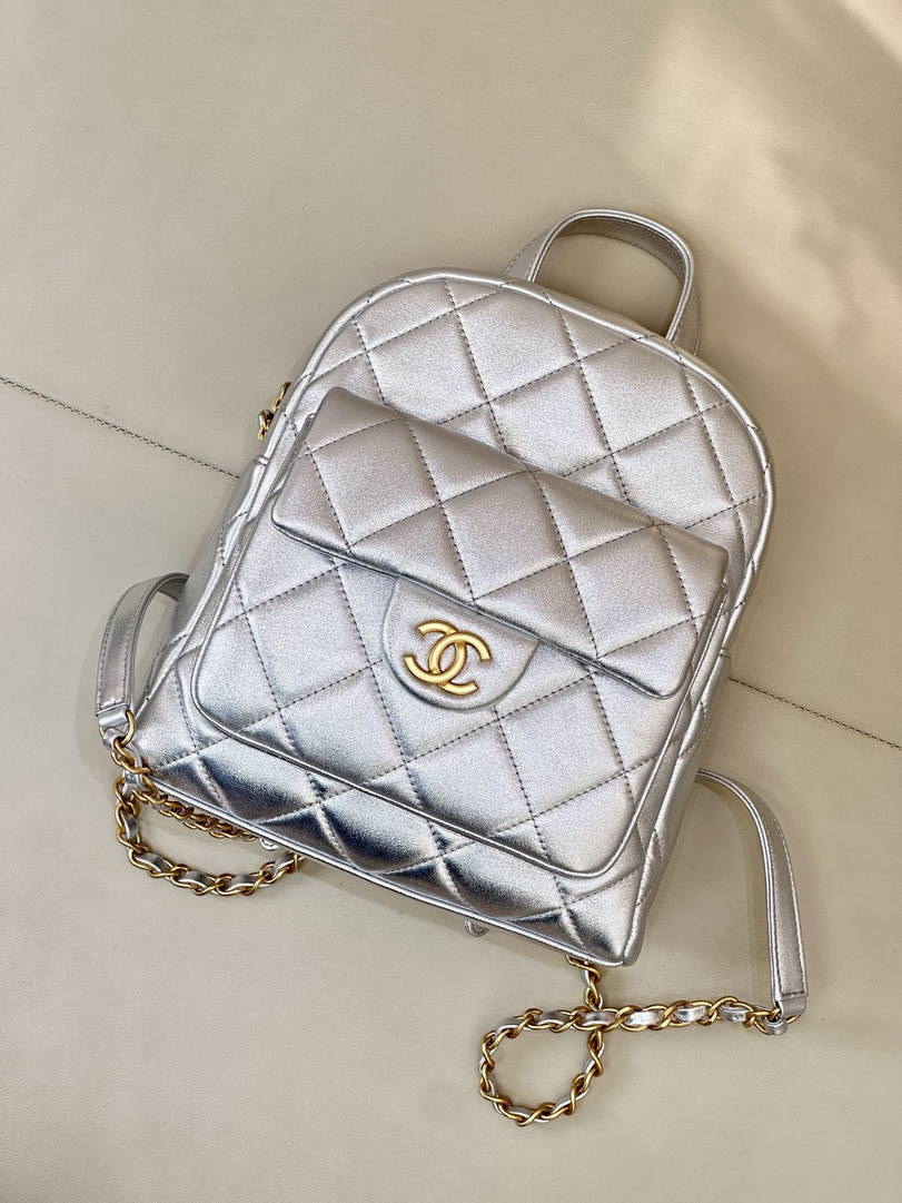 Chanel Backpack Calfskin & Gold-Tone Metal AS5793 Silver
