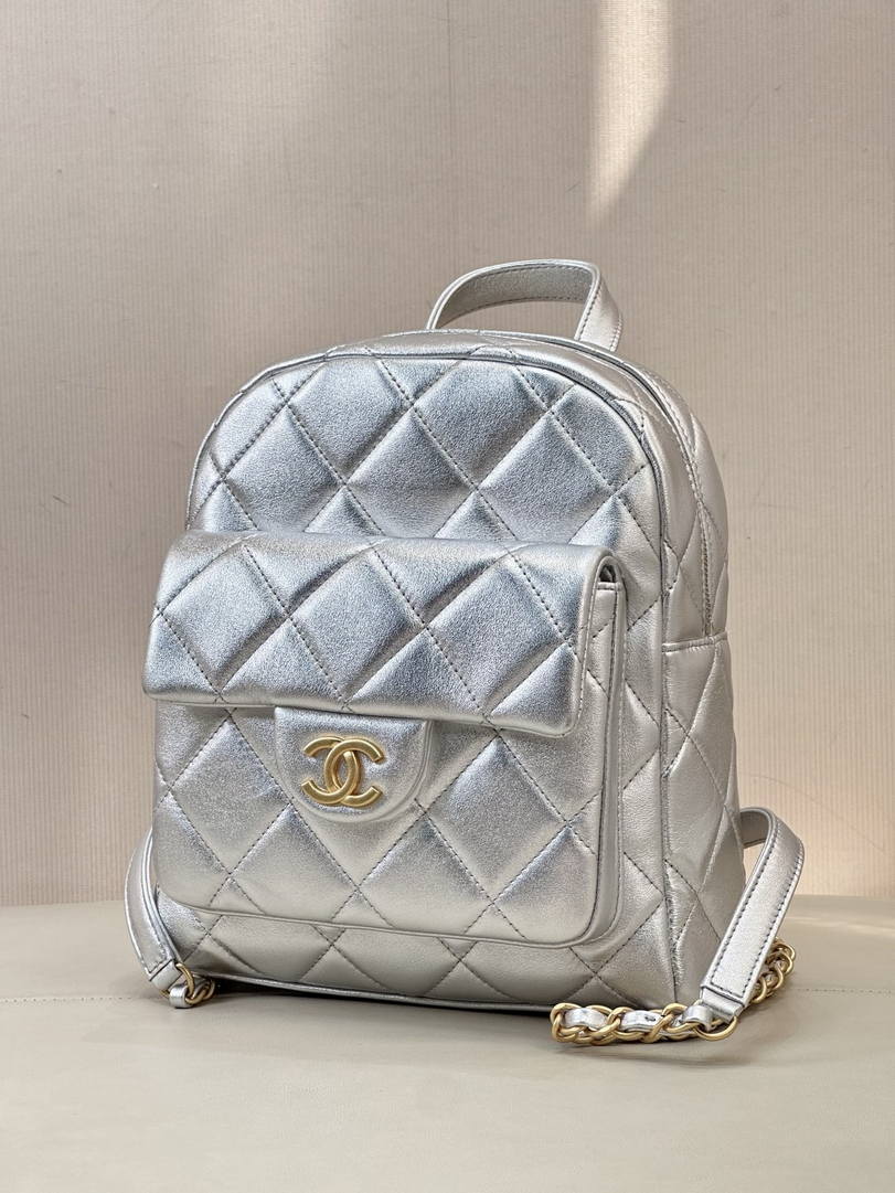 Chanel Backpack Calfskin & Gold-Tone Metal AS5793 Silver
