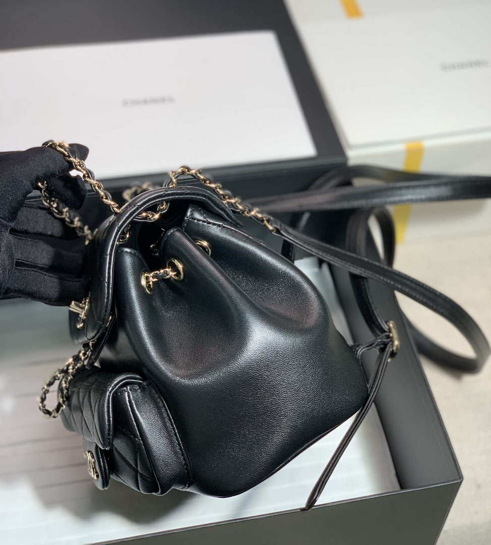 Chanel Backpack Duma Black Lambskin CC AS2908 Gold