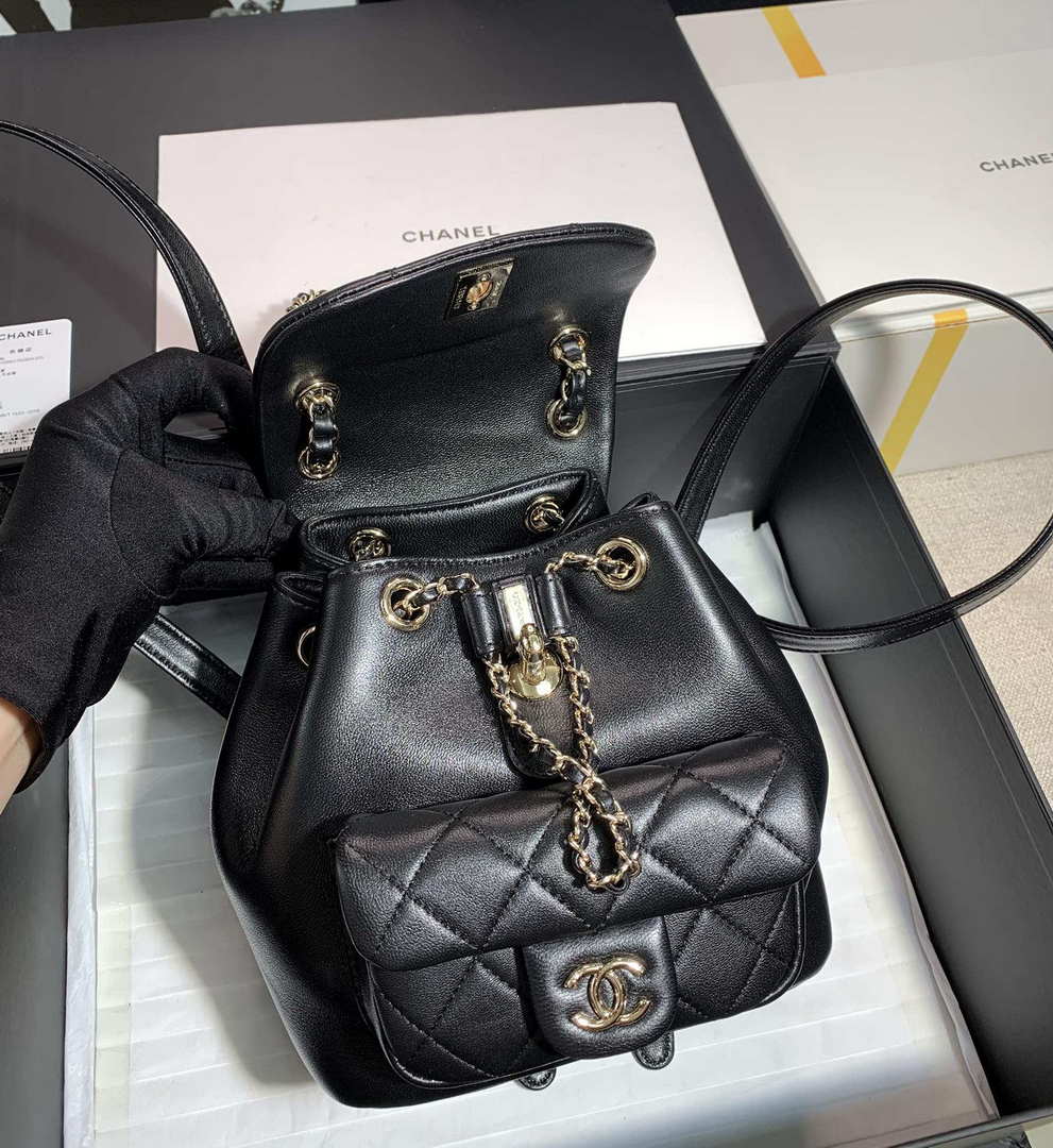 Chanel Backpack Duma Black Lambskin CC AS2908 Gold