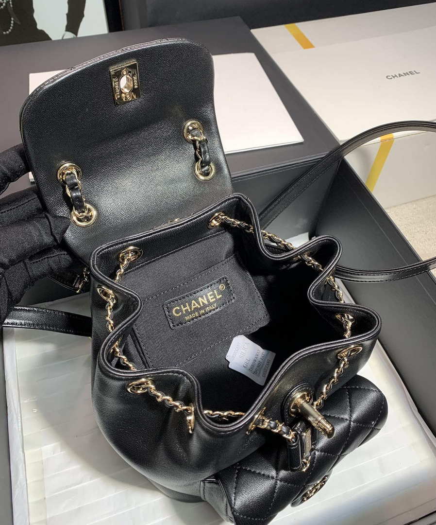 Chanel Backpack Duma Black Lambskin CC AS2908 Gold