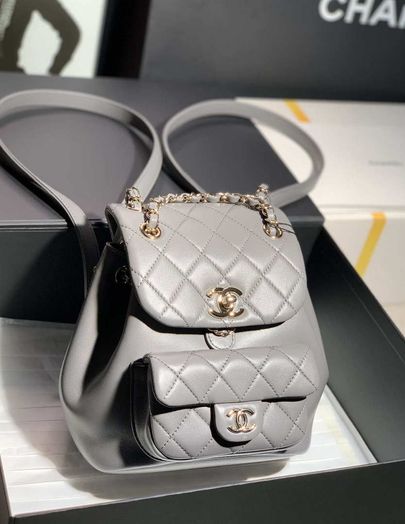 Chanel Backpack Duma Gray Lambskin CC AS2908 Gold