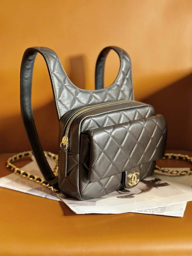 Chanel Backpack Metallic Lambskin & Gold-Tone Metal AS4621 Black - Default Title - View 3