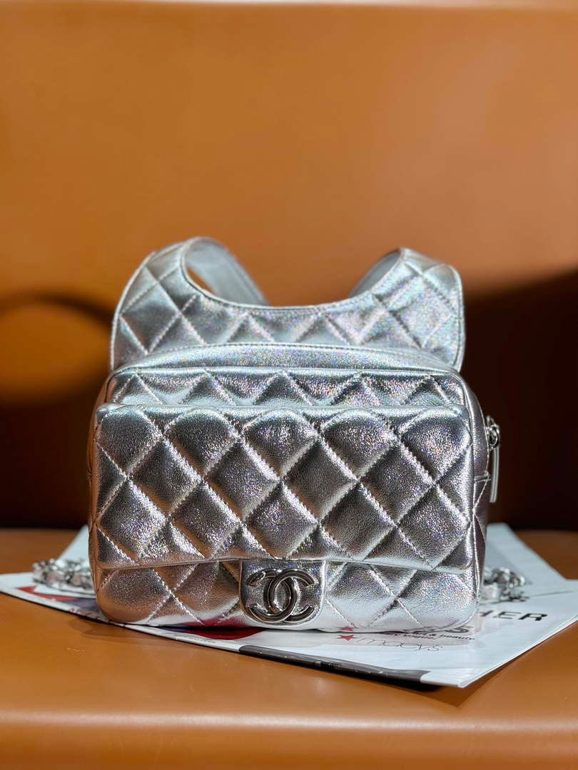 Chanel Backpack Metallic Lambskin & Silver-Tone Metal AS4621 Silver - Default Title - View 1