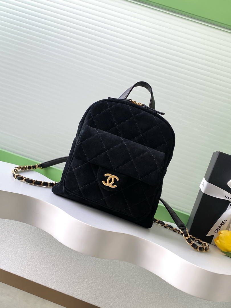Chanel Backpack Suede Calfskin & Gold-Tone Metal AS5793 Black