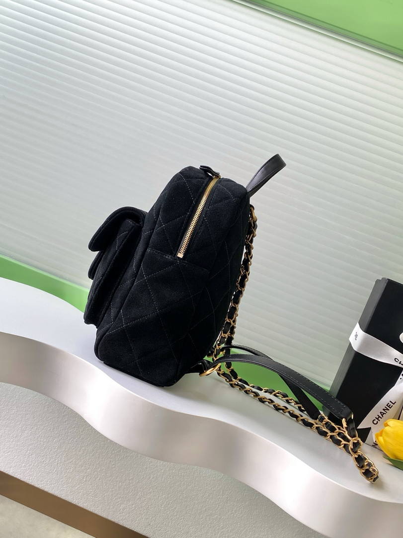 Chanel Backpack Suede Calfskin & Gold-Tone Metal AS5793 Black