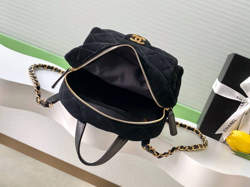 Chanel Backpack Suede Calfskin & Gold-Tone Metal AS5793 Black