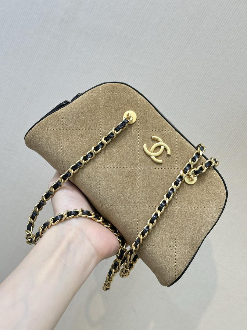 Chanel Boston Bowling Bag  With Handel Suede Calfskin & Gold-Tone Metal  AS5185 Dark Beige