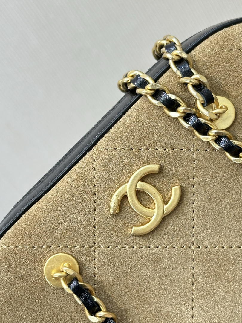 Chanel Boston Bowling Bag  With Handel Suede Calfskin & Gold-Tone Metal  AS5185 Dark Beige