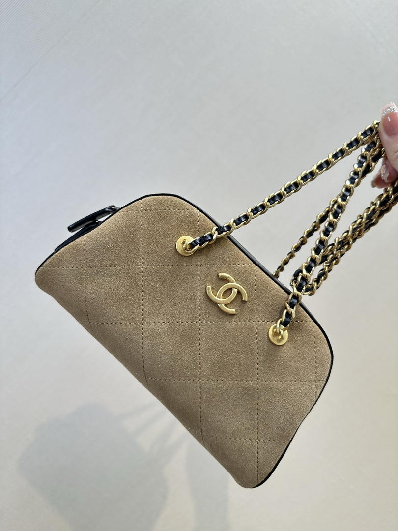 Chanel Boston Bowling Bag  With Handel Suede Calfskin & Gold-Tone Metal  AS5185 Dark Beige