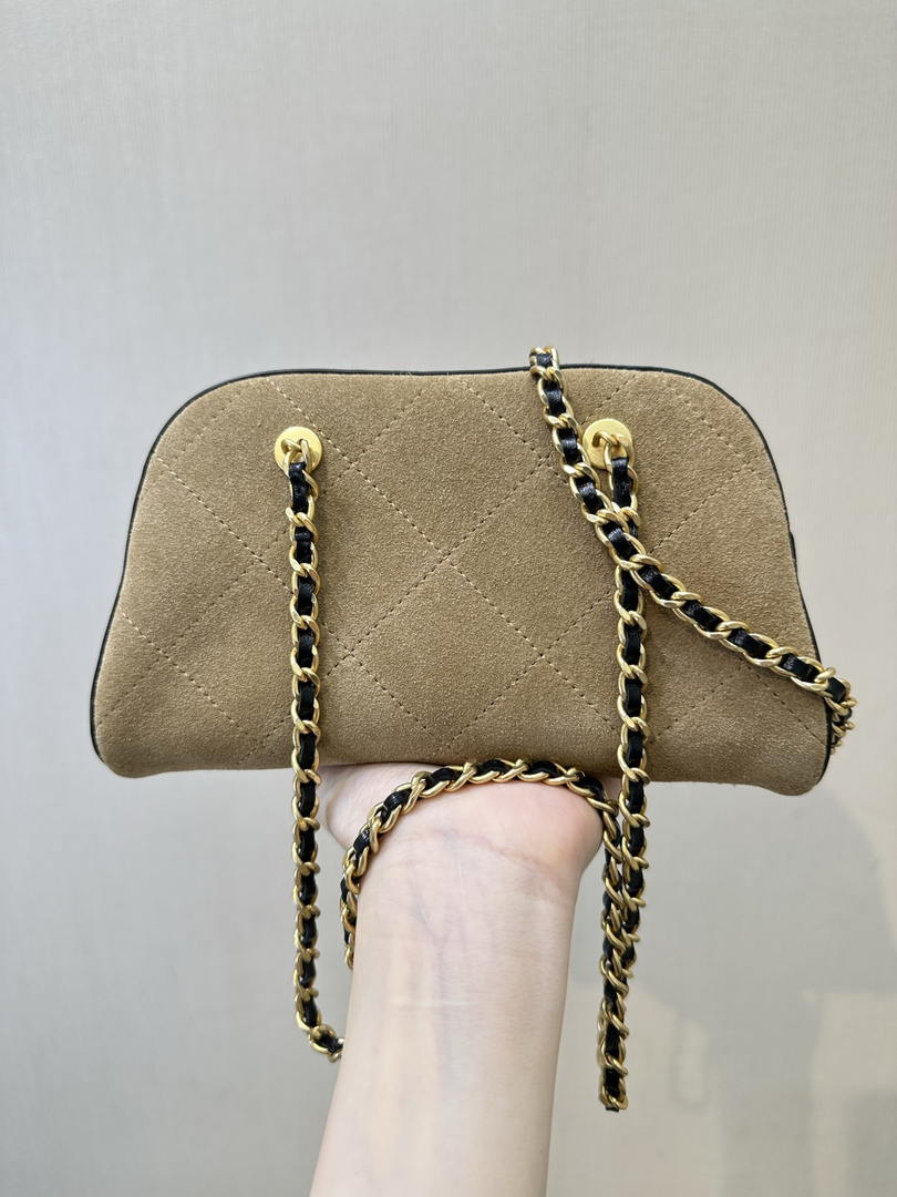 Chanel Boston Bowling Bag  With Handel Suede Calfskin & Gold-Tone Metal  AS5185 Dark Beige