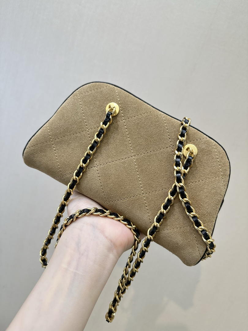 Chanel Boston Bowling Bag  With Handel Suede Calfskin & Gold-Tone Metal  AS5185 Dark Beige