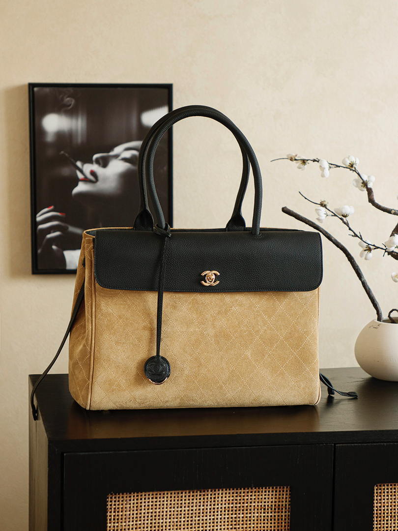 Chanel Boston Shopping Bag With Handel Suede Calfskin & Gold-Tone Metal  A66983 Dark Beige