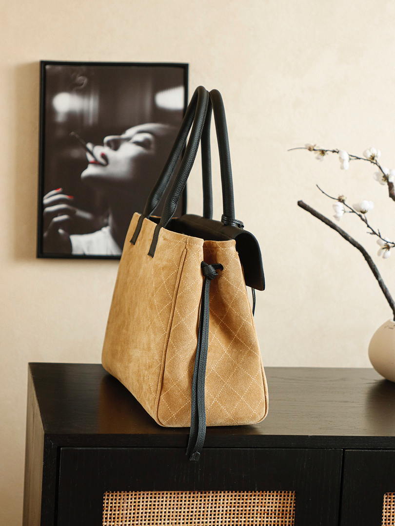 Chanel Boston Shopping Bag With Handel Suede Calfskin & Gold-Tone Metal  A66983 Dark Beige