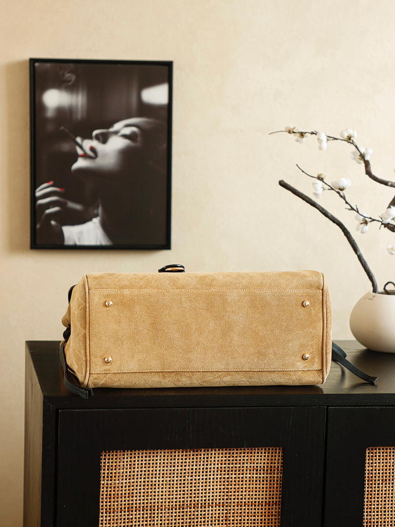 Chanel Boston Shopping Bag With Handel Suede Calfskin & Gold-Tone Metal  A66983 Dark Beige