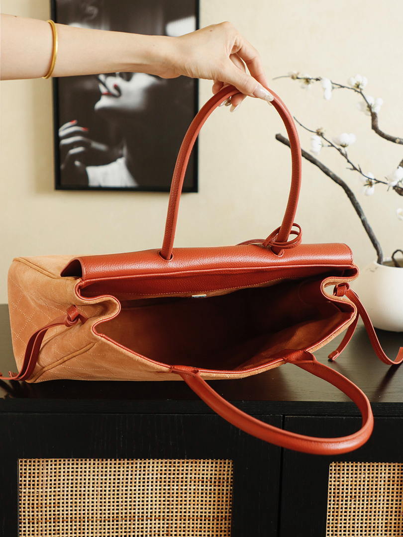 Chanel Boston Shopping Bag With Handel Suede Calfskin & Gold-Tone Metal  A66983 Brown Red