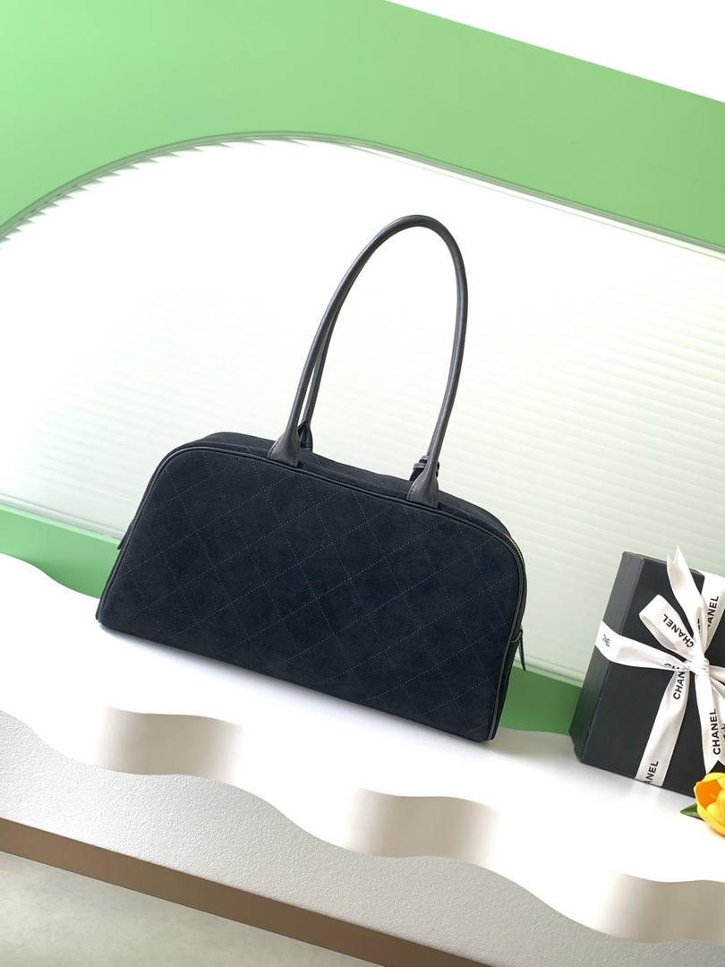 Chanel Large Bowling  Bag With Handel Suede Calfskin & Gold-Tone Metal  AS6211  Black