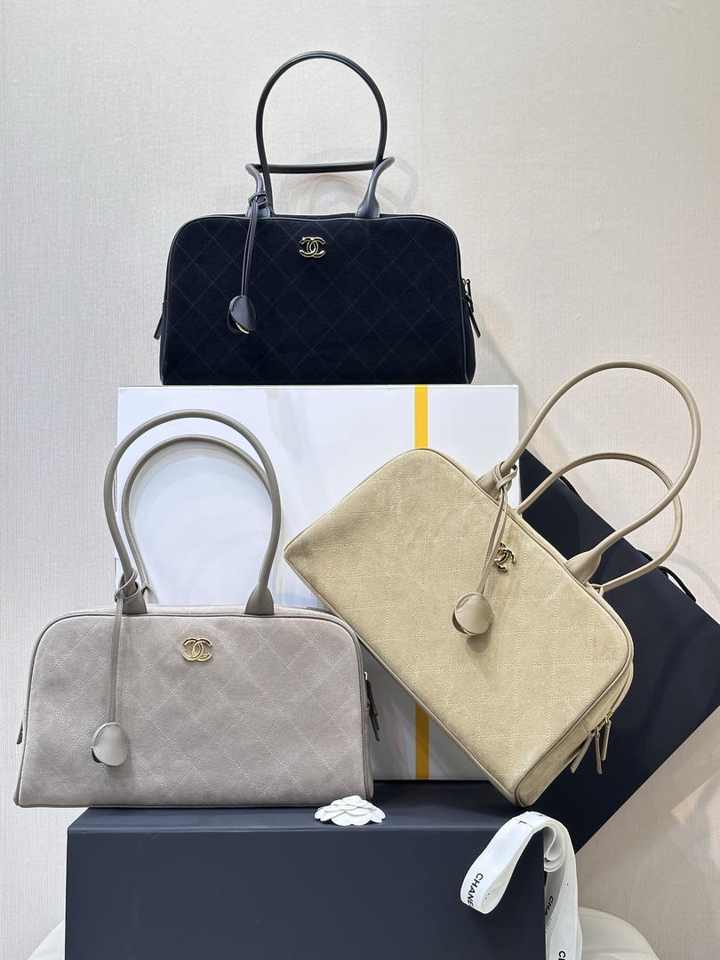 Chanel Large Bowling  Bag With Handel Suede Calfskin & Gold-Tone Metal  AS6211  Black