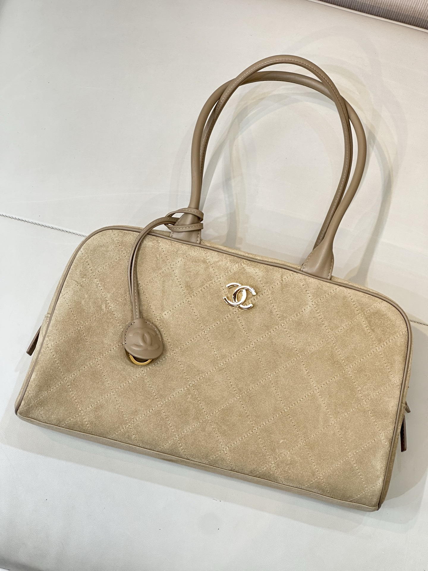 Chanel Large Bowling  Bag With Handel Suede Calfskin & Gold-Tone Metal  AS6211  Dark Beige - Default Title - View 1