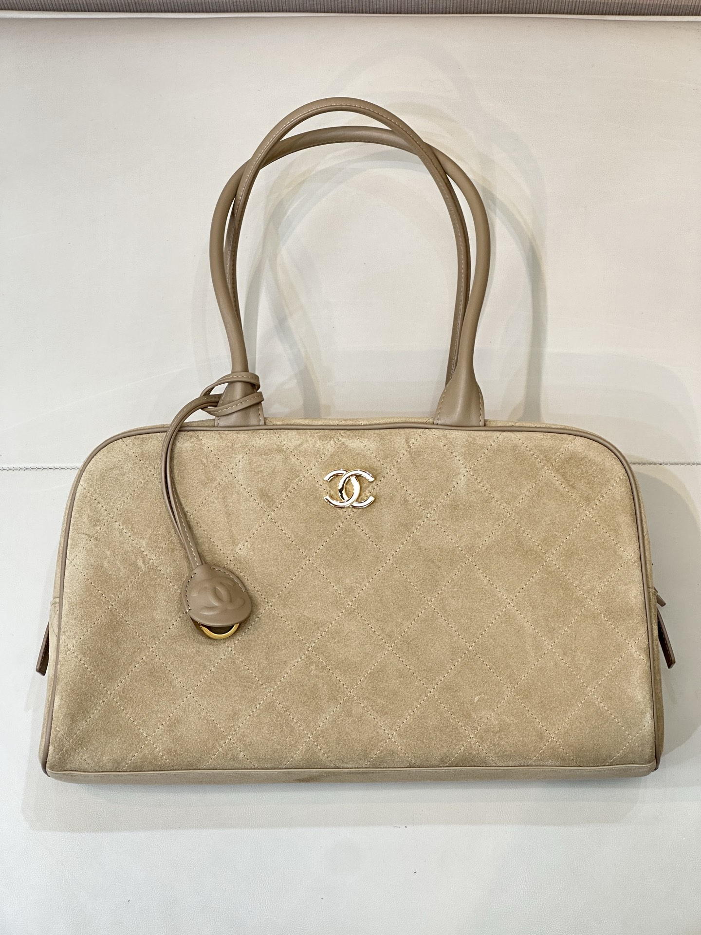 Chanel Large Bowling  Bag With Handel Suede Calfskin & Gold-Tone Metal  AS6211  Dark Beige - Default Title - View 2