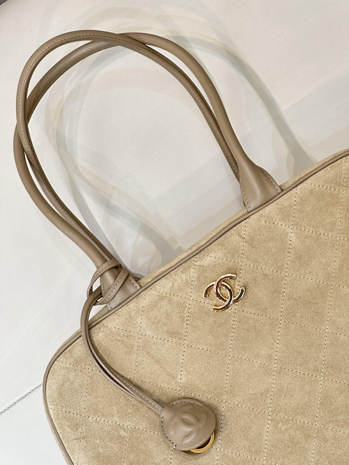 Chanel Large Bowling  Bag With Handel Suede Calfskin & Gold-Tone Metal  AS6211  Dark Beige