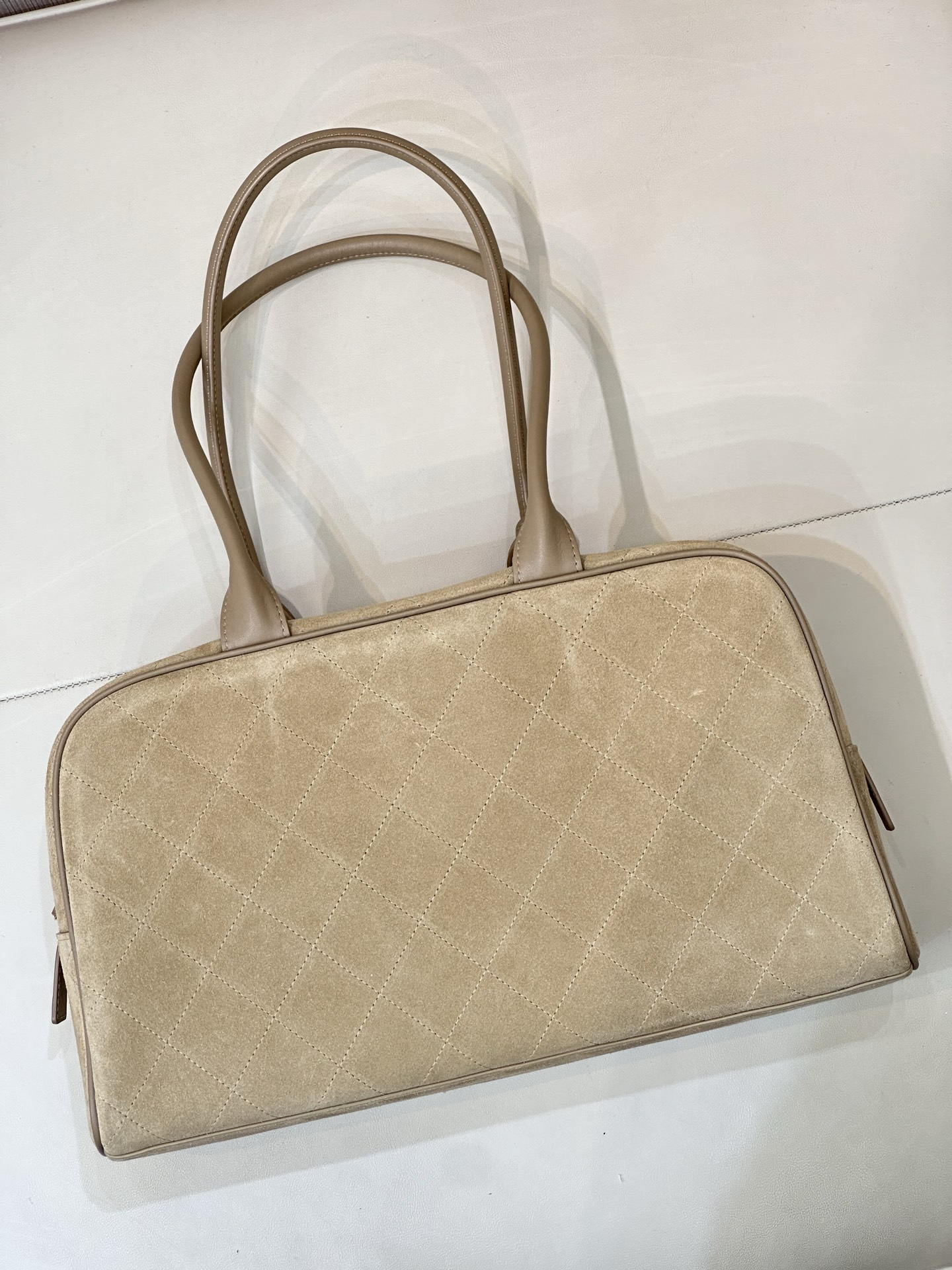 Chanel Large Bowling  Bag With Handel Suede Calfskin & Gold-Tone Metal  AS6211  Dark Beige - Default Title - View 7