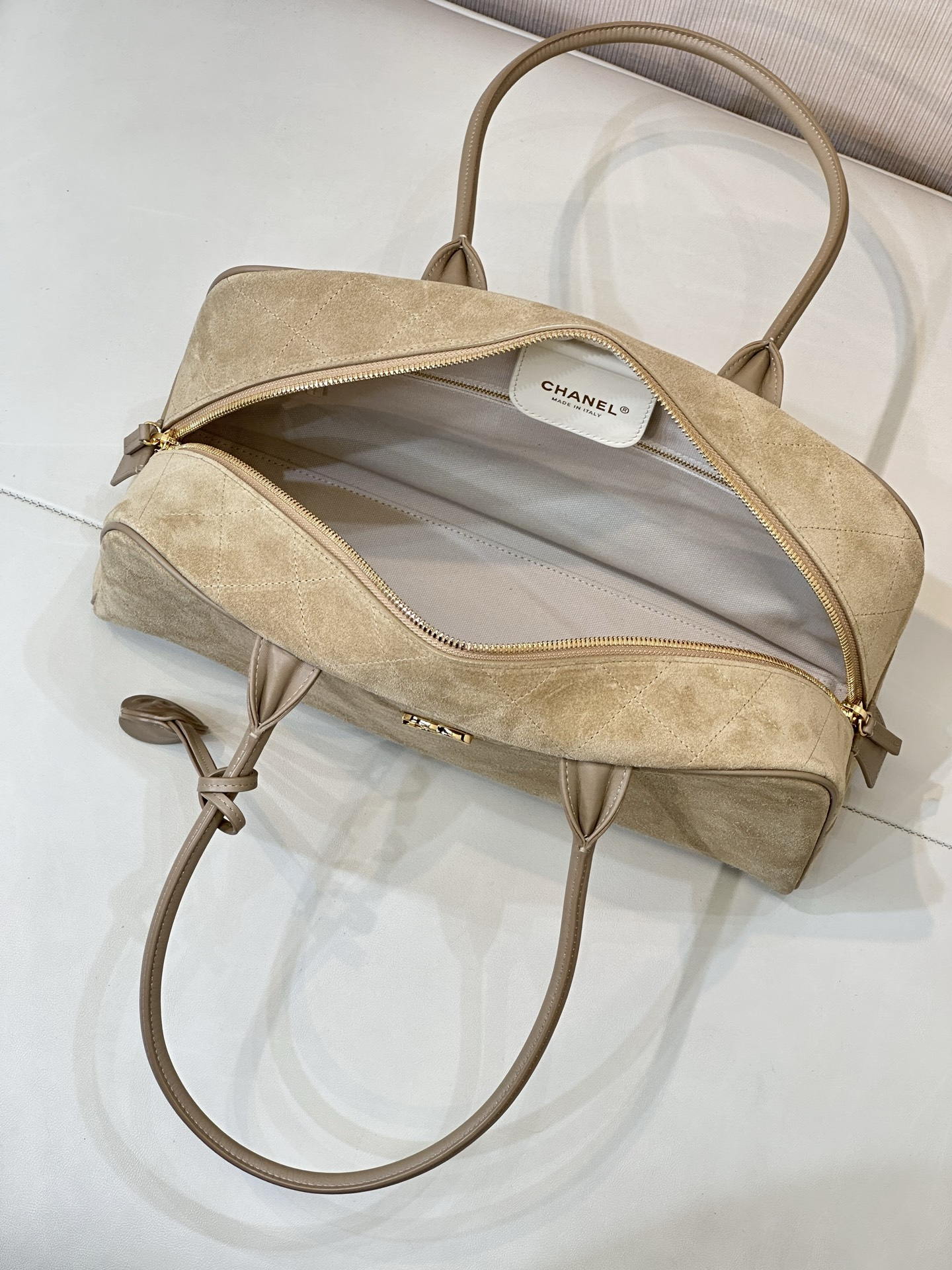 Chanel Large Bowling  Bag With Handel Suede Calfskin & Gold-Tone Metal  AS6211  Dark Beige