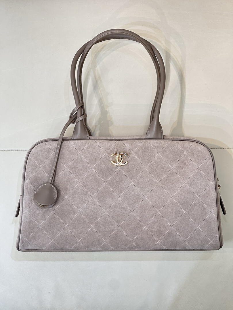 Chanel  Large Bowling  Bag With Handel Suede Calfskin & Gold-Tone Metal  AS6211  Gray
