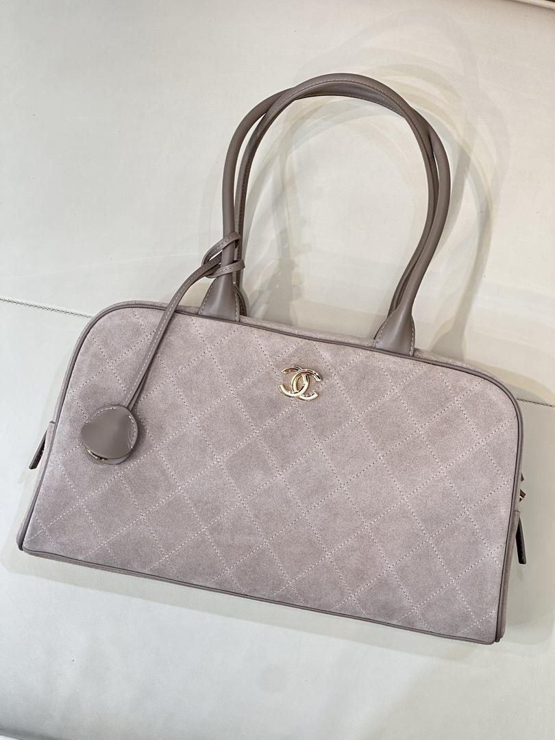 Chanel  Large Bowling  Bag With Handel Suede Calfskin & Gold-Tone Metal  AS6211  Gray