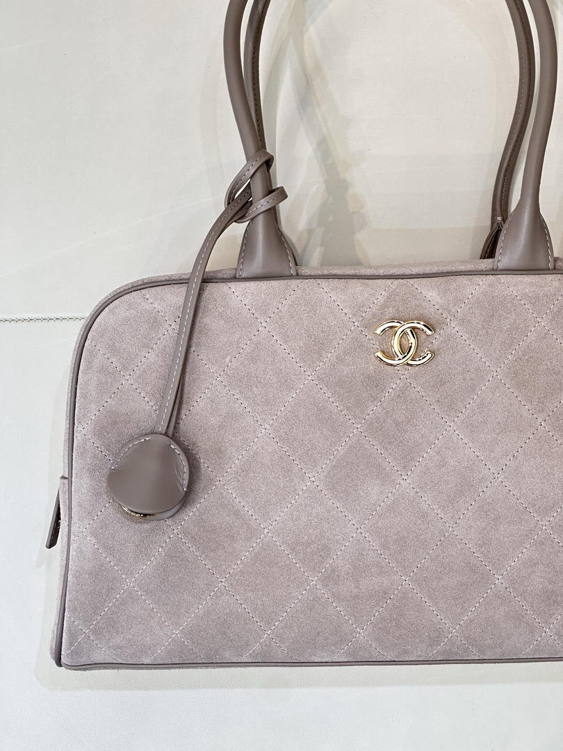 Chanel  Large Bowling  Bag With Handel Suede Calfskin & Gold-Tone Metal  AS6211  Gray