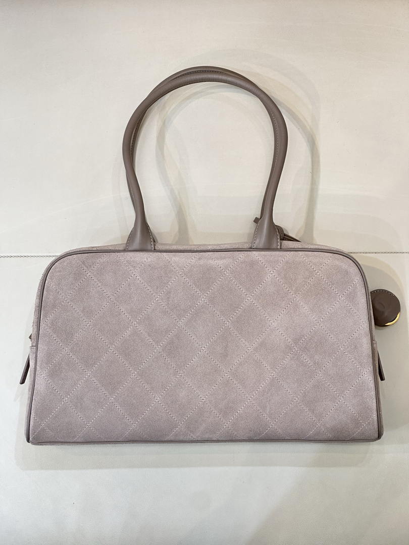 Chanel  Large Bowling  Bag With Handel Suede Calfskin & Gold-Tone Metal  AS6211  Gray