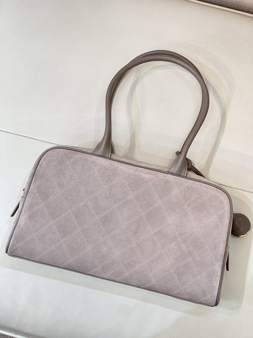 Chanel  Large Bowling  Bag With Handel Suede Calfskin & Gold-Tone Metal  AS6211  Gray