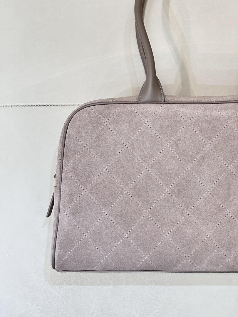 Chanel  Large Bowling  Bag With Handel Suede Calfskin & Gold-Tone Metal  AS6211  Gray