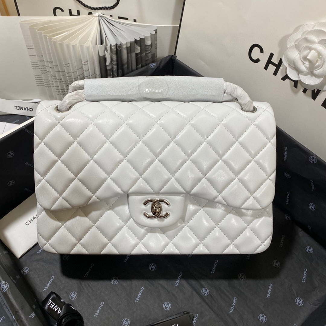 Chanel CF A01113 Classic Flap Bag in White Lambskin Silver - Default Title - View 2