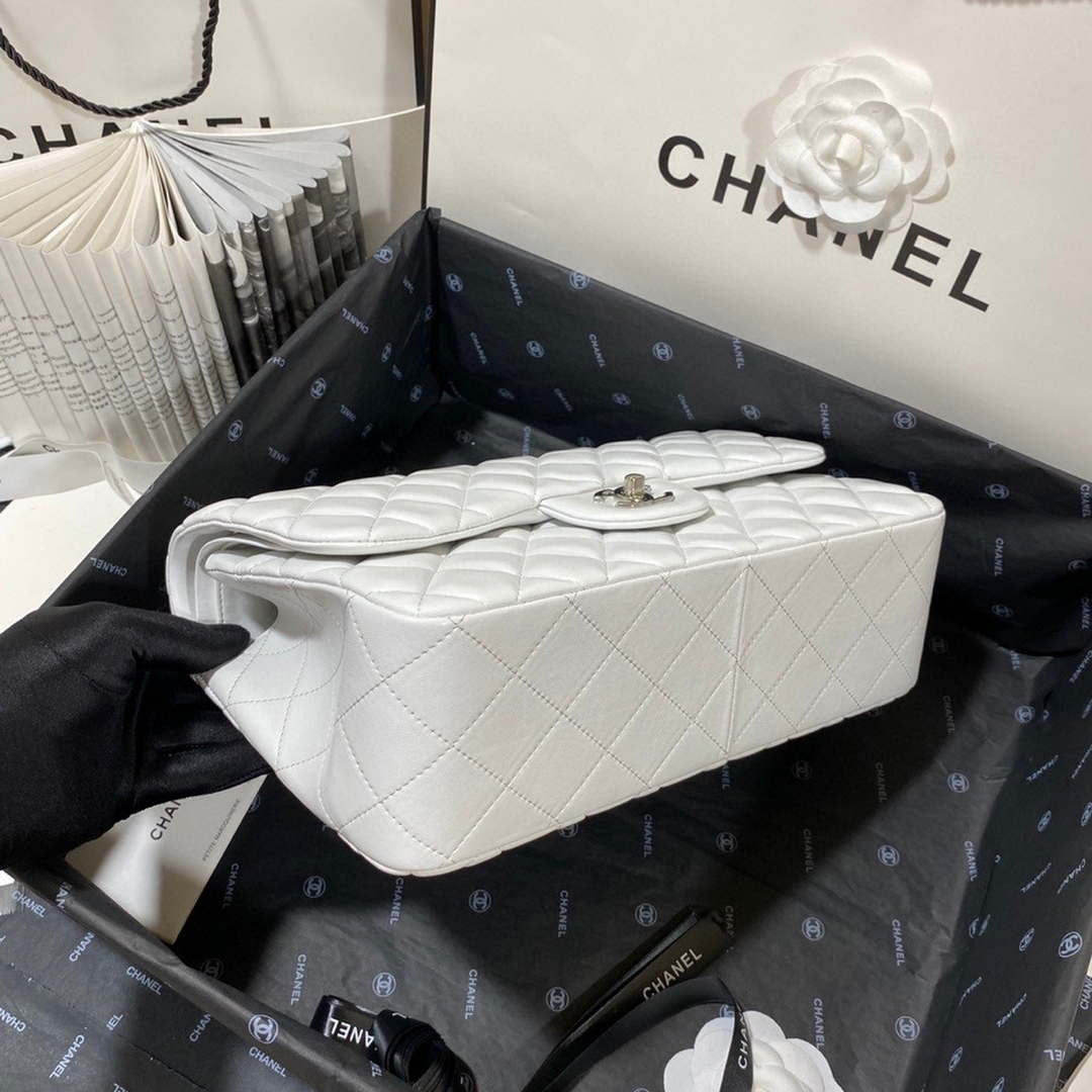 Chanel CF A01113 Classic Flap Bag in White Lambskin Silver - Default Title - View 6