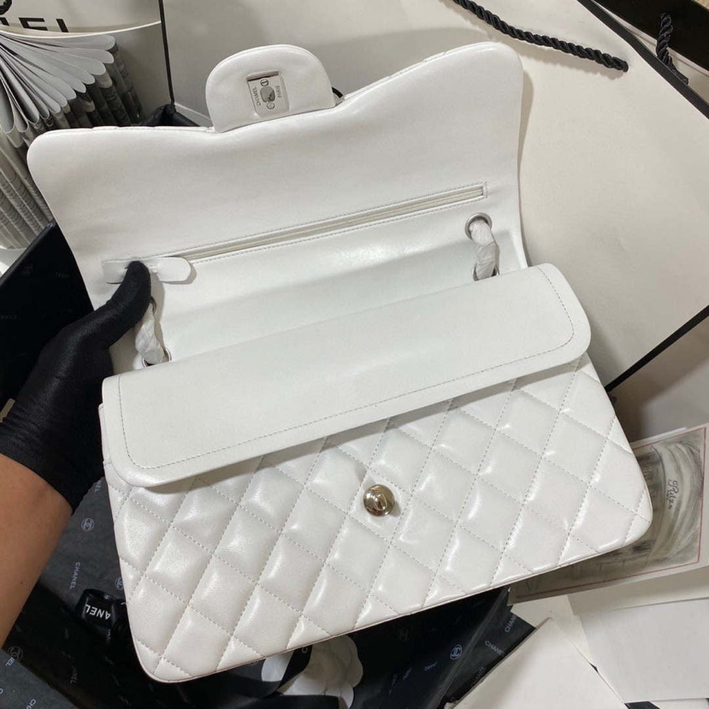 Chanel CF A01113 Classic Flap Bag in White Lambskin Silver