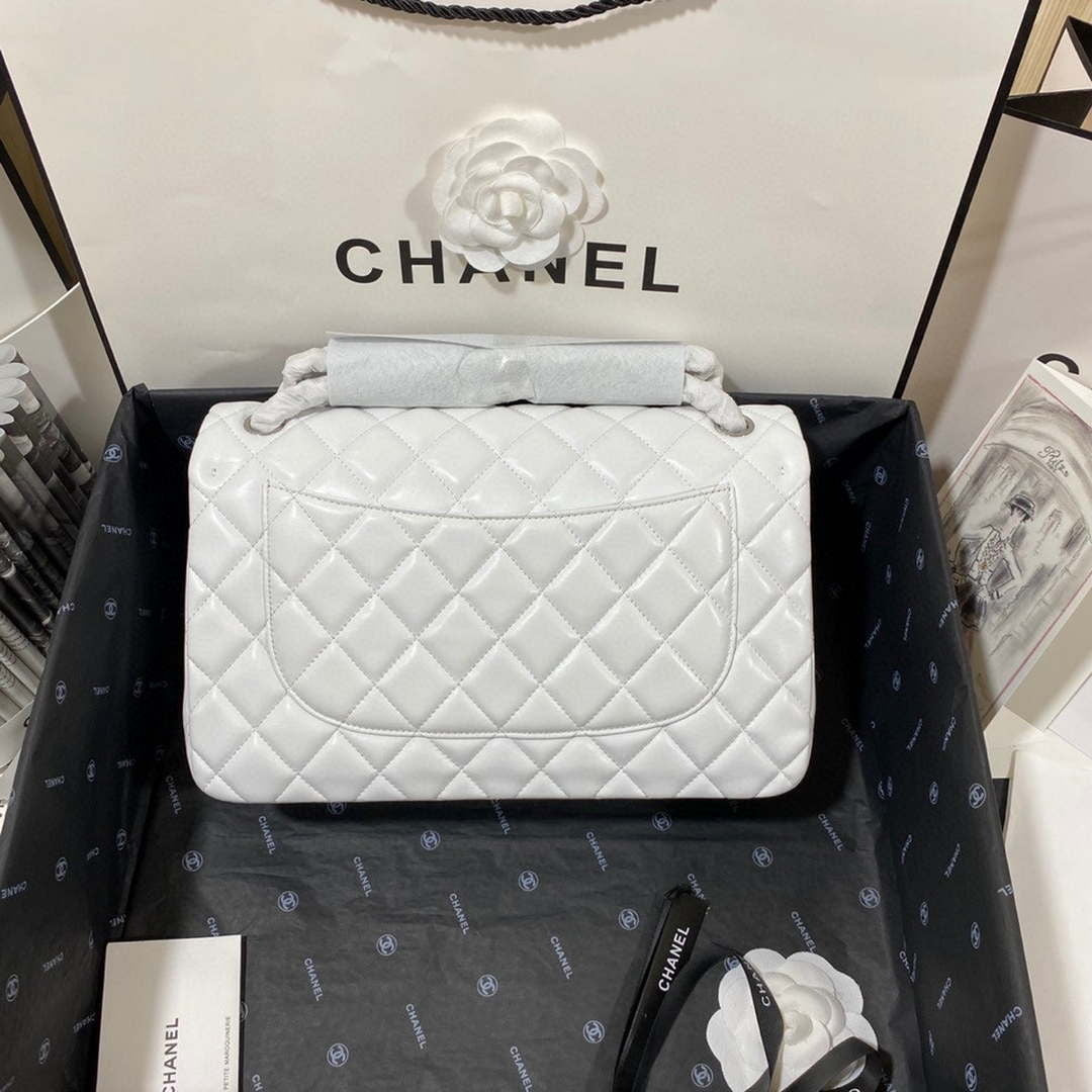 Chanel CF A01113 Classic Flap Bag in White Lambskin Silver - Default Title - View 9