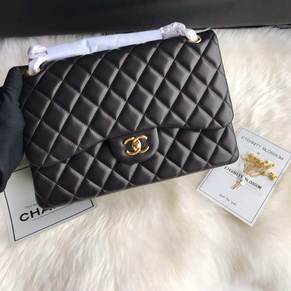 Chanel CF A01113 Jumbo Classic Flap Bag in Black Lambskin Gold